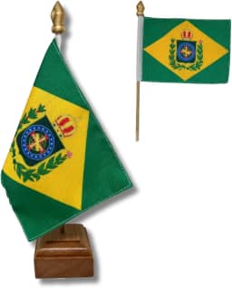 Bandeira de Mesa Elegance do Brasil Imperial, Decorativa, Dupla Face, Multicolorido, 19x30cm, Base em Madeira Natural, para Escritório, Eventos e Decoração
