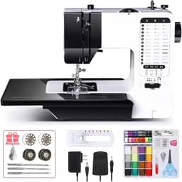 Máquina de Costura Portatil com 38 Pontos Ajustáveis Luz LED,Máquina De Costura Doméstica Com Bancada Ajuste de Comprimento e Largura de Ponto,Casa de Botão Automática,Cortador de Linha - 220v