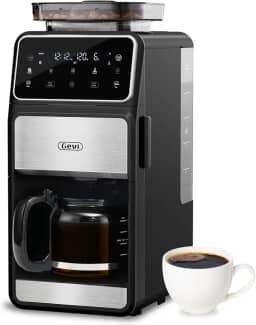 Gevi Cafeteira de gotejamento de 10 xícaras com moedor embutido, máquina de café combo de moagem e rebarba com tela sensível ao toque, programável, prato quente de 4 horas, filtro permanente, jarra de