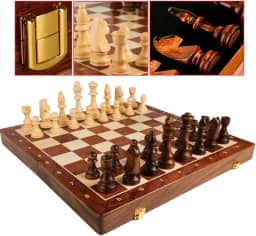 Jogo de Xadrez de Madeira Luxo Profissional 40cmx40cm – Tabuleiro 100% Madeira Dobrável e com Peças em Madeira e Verniz [VALUANCE]