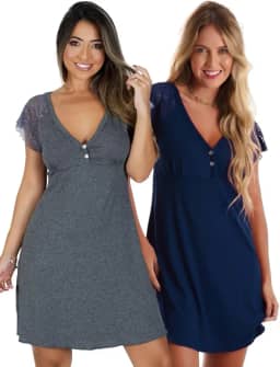 Kit com 2 Camisolas em Viscose com Detalhes Renda Estilo Camiseta Noite Dormir Amamentação Maternidade