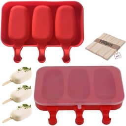 Moldes de silicone de picolé caseiro com moldes de picolé de tampa livre de BPA, moldes de gelo com 3 cavidades, bolos/sorvete/máquina de fazer picolé fácil de liberar, com 100 palitos de picolé (conjunto de 2 vermelhos)