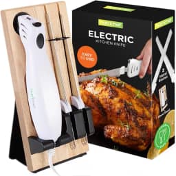 NutriChef Conjunto de facas de corte elétrico portátil PKELKN16 com pão e lâminas de esculpir, suporte de madeira, tamanho único, branco (pacote com 4)