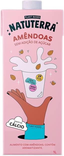 Leite Vegetal de Amêndoas Natuterra 1L | Bebida de amêndoas sem adição de açúcar, sem lactose, sem colesterol, sem glúten e livre de soja | Leite de amêndoas vegano, 100% plant based, fonte de Cálcio