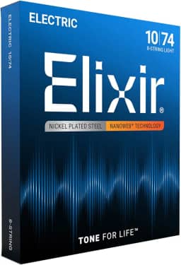 Elixir Cordas, cordas para guitarra elétrica, aço niquelado com revestimento NANOWEB, tom brilhante de longa duração com sensação confortável, 8 cordas de luz 10-74
