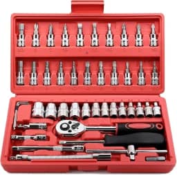 Kit de Ferramentas 46 Peças com Chave Catraca Soquetes e Bits – Conjunto Profissional Cromado Cr-V com Maleta Vermelha Portátil para Reparos Automotivos e Domésticos