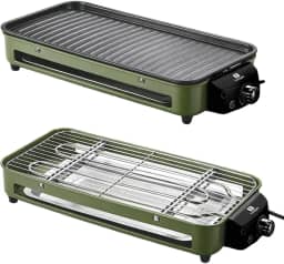 Versátil Churrasqueira Elétrica Portátil 127V Verde Ferro Inox 1500W Alta Potência Desmontável Fácil Limpeza Pouca Fumaça Controle de Temperatura Ótimo Para Casa e Acampamento