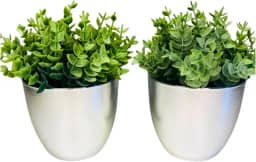 Conjunto de 2 Vasos Decorativos com Plantas Artificiais, Vaso Prateado, Folhagem Verde