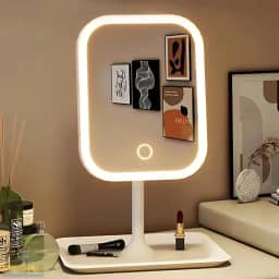 Espelho de Mesa para Maquiagem Recarregável com Luzes LED em 3 Cores Ajustáveis com Botão Touch Screen e Base Porta Objetos Jóias