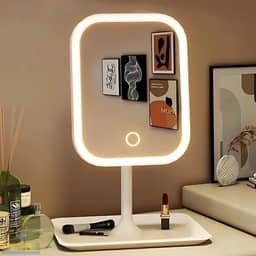 Espelho de Mesa para Maquiagem Recarregável com Luzes LED em 3 Cores Ajustáveis com Botão Touch Screen e Base Porta Objetos Jóias