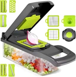 Cortador e Ralador de Legumes 12 em 1 com Lâminas Inox e Recipiente Multifuncional Profissional com Potes - Para Legumes, Frutas e Verduras etc.