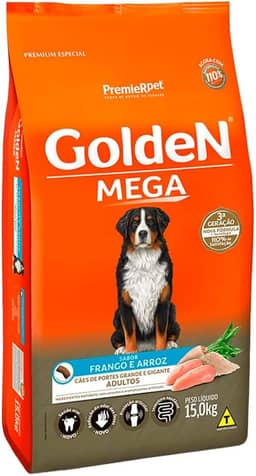 Ração Golden Mega para Cães Adultos de Raças Grandes Sabor Frango e Arroz, 15kg Premier Pet Para Todas Grande Adulto,