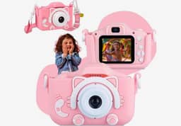 Câmera Infantil HD para Meninos e Meninas – Fotos e Vídeos, Tela LCD 2”, Jogos, Filtros e Bateria Recarregável - Rosa
