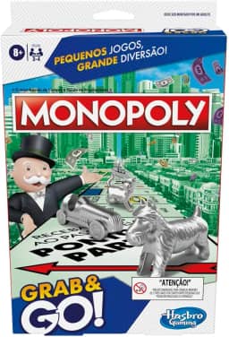 Hasbro Gaming Monopoly Grab and Go, jogo de tabuleiro portátil em plástico com peças de casas e dinheiro, jogos infantis para crianças acima de 8 anos