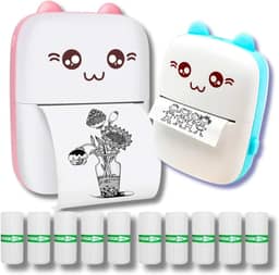 Mini impressora térmica portátil sem fio 200dpi (Azul) + 10 rolos papel adesivo térmico e 1 rolo comum 57 * 30mm impressão bluetooth para fotos scanners, etiquetas (azul)