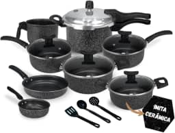 Jogo de Panelas Antiaderente, 11 Peças com Panela de Pressão 2.5L (Cerâmica Black)