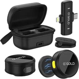 Microfone de Lapela Duplo Sem Fio α’GOLD Premium, Case de Carregamento, 10h Bateria, Cancelamento de Ruído, Áudio Pro, Compatível com iPhone e Android USB-C, Plug & Play para Vídeos e Lives