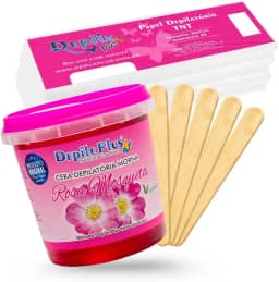 Kit Cera Depilatoria Hidrossoluvel 600g + Espátula Larga 15 Unidades + Papel Depilatorio 20 Unidades