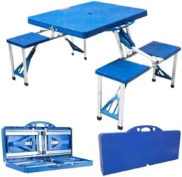 Mesa de Camping Dobrável com 4 Banquetas, Portátil Tipo Maleta, 85x65cm, Azul, para Piquenique, Praia e Pesca