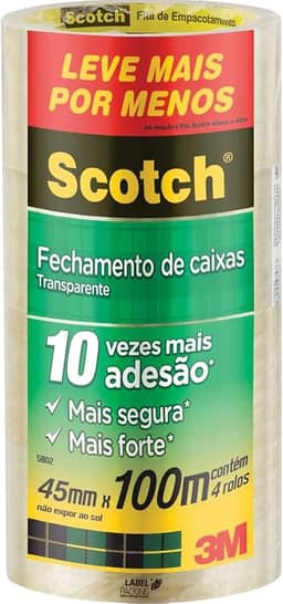 Scotch, 3M, Fita de Empacotamento Transparente, 4 Rolos, 45mm x 100M