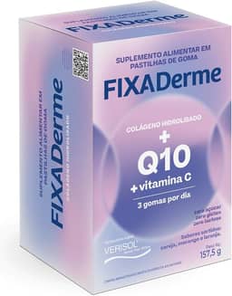Fixaderme – Suplemento Alimentar de Colágeno Hidrolisado Verisol®, Coenzima Q10 E Vitamina C em gomas mastigáveis – Sem açúcar – Sabores sortidos de frutas – 1 Caixa com 45 gomas mastigáveis