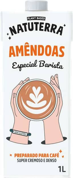 Bebida Vegetal Barista de Amêndoas Natuterra 1L Leite Vegetal de Amêndoas | Bebida de amêndoas sem adição de açúcar, sem lactose, sem colesterol, sem glúten e livre de soja, baixo em calorias | 100% plant based