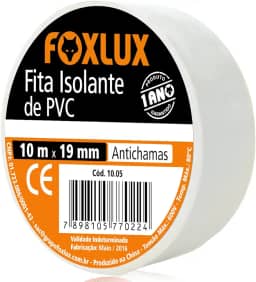 Fita Isolante Foxlux – PVC Antichamas – 10m x 19mm – Espessura: 0,15mm – Alta Elasticidade – Isola fios com tensão até 600V – Branca