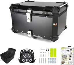 Baú Traseiro Moto Alumínio 65 Litros Suporte Universal Impermeável Reforçado Seguro Bagageiro Universal Top Case Grande Comporta 2 Capacetes Grande Capacidade (Preto)