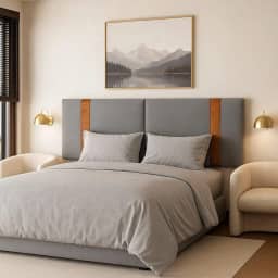 Cabeceira Dobrável Arte em linho cinza Estofada com Detalhe em caramelo1,58 Para Cama Queen