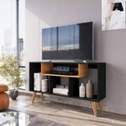 Rack Bancada Para Tv De Até 43 Polegadas Com Prateleira E Nichos Para Sala De Estar Casa Jd (Preto/Nature)