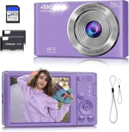 Câmera digital, câmera 4K com foco automático para fotografia com cartão de 64 GB, câmera digital compacta portátil de 44 MP para adolescentes adultos e crianças iniciantes com zoom de 16x