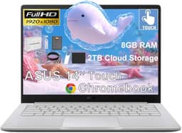 ASUS Chromebook para estudantes com tela sensível ao toque FHD de 14 polegadas, Intel Celeron N4500 (> i3-1115G4), 8 GB de RAM, armazenamento na nuvem de 2 TB, armazenamento de 160 GB (128 GB eMMC +
