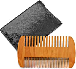 Pente e estojo para barba de madeira, dentes finos e grossos de dupla ação, perfeito para uso com bálsamos e óleos, pente de bolso superior para barbas e bigodes