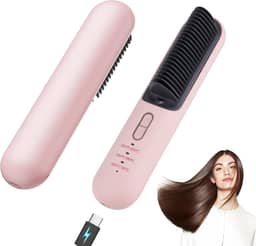 TANSHINE Escova Alisadora De Cabelo Sem Fio Para Viagem, Pente Alisador Pequeno Portátil Usb-C Mulheres, Mini Quente Recarregável, Ferramentas Modelagem Aquecidas Anti-Queimaduras, Rosa