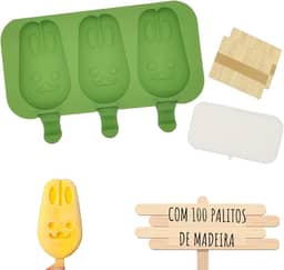 Formas Sorvete Picole Caseiro Silicone Com 3 Cavidades Tampa 100 palitos (Coelhinho)
