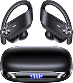 Fones de ouvido sem fio Bluetooth, à prova d'água IPX7, display LED de energia, fones de ouvido esportivos com gancho de orelha e microfone, até 80 horas de reprodução