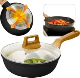 Frigideira Antiaderente em Alumínio Revestida em Cerâmica Com Tampa Vidro Temperado e Cabo Resistente ao Calor Fundo de Aluminio para Fogão a Gás, Elétrico ou Indução (28cmfunda)