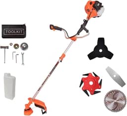 Roçadeira a Gasolina Profissional com Motor de 65CC, Potência de 3HP, Equipada com Lâmina de 6 Pontas, 2 Pontas Facão e Disco de 80 Dentes, Inclui Kit Completo de Acessórios para Trabalho Eficiente