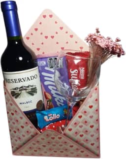 Cesta Criativa Natal Aniversário Vinho, Chocolates e Taça