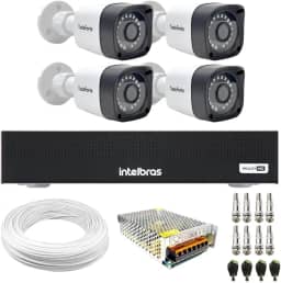 Kit 4 Câmeras Tudo Forte TF 2020 B Full HD 1080p Bullet com Visão Noturna 20M Proteção IP66 + DVR Gravador Intelbras MHDX 1104-C 4 Canais