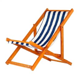 Espreguiçadeira Portátil de Madeira Maciça – Para Piscina, Sem Braço, Envernizada (Listrado Azul e Branco)