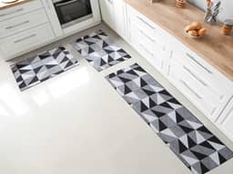 Jogo Tapete para Cozinha Antiderrapante em Jacquard - 1,30x0,45m e 65x45cm (Triângulos Preto)