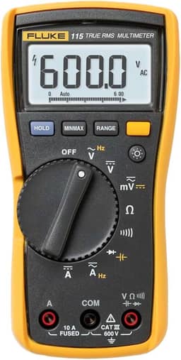 Fluke Multímetro digital 115, mede tensão CA/CC até 600 V e corrente de 10 A, mede resistência, continuidade, frequência e capacitância, inclui bateria, coldre e cabo de teste isolado de PVC de 4 mm