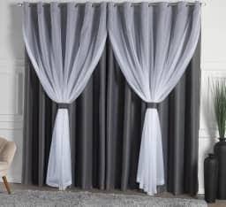 Cortina Solaris Blackout/Bleucate de Tecido com Voil 3,00m x 2,50m Alt com Ilhós Cromado e Abraçadeiras - Chumbo