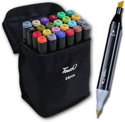 Kit de 24 Canetas Marcador Permanente Ponta Dupla Touch Coloridas para Desenho Profissional Escolar Infantil com Estojo Organizador Base Artista Canetinhas Hidrográficas Alcool Caneta para Colorir
