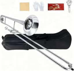 Trombone Bb Tenor Slide B Flat Gold Brass Plated Trombone para iniciantes e adultos com estojo de transporte de bocal luvas brancas pano de limpeza (prata)