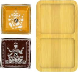 Kit Suporte de Vidro para Incenso com Aparador de Bambu – Incensário Elegante para Varetas (Tabaco e Mostarda)