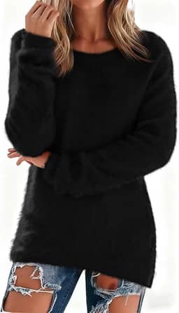 Camisolas femininas felpudas de lã gola redonda pulôver de manga comprida térmica macia plus size elástico inverno moda tops