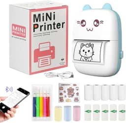 Mini impressora portátil, impressora de adesivos sem tinta portátil com 8 rolos de papel, impressora térmica Bluetooth para diário, fotos e presentes
