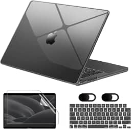 Capa Macbook Air M1 13,3'' A1932/A2179/A2337 (2018-2020), Vem Com Película de Teclado, Película de Tela Hidrogel e Tampa Protetora para Câmera, Rigido, Leve e Fina (Transparente Preto)